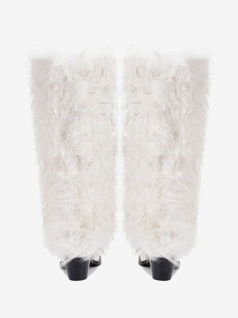 レディースフェイクファーブーツ ポインテッドトゥ チャンキーヒール ニーハイブーツ