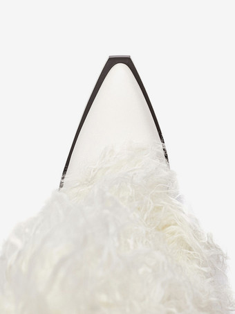 ホワイトニーハイブーツ ポインテッドトゥ フェイクファー チャンキーヒールブーツ レディース