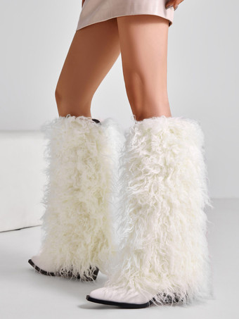 ホワイト ホワイトニーハイブーツ ポインテッドトゥ フェイクファー チャンキーヒールブーツ レディース