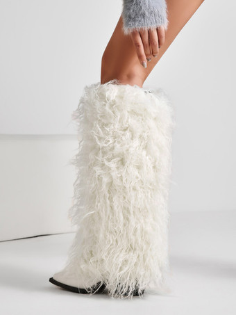 ホワイトニーハイブーツ ポインテッドトゥ フェイクファー チャンキーヒールブーツ レディース