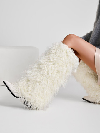 ホワイトニーハイブーツ ポインテッドトゥ フェイクファー チャンキーヒールブーツ レディース