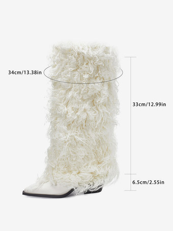 ホワイトニーハイブーツ ポインテッドトゥ フェイクファー チャンキーヒールブーツ レディース