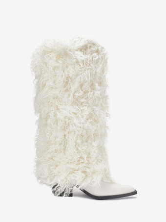 ホワイトニーハイブーツ ポインテッドトゥ フェイクファー チャンキーヒールブーツ レディース