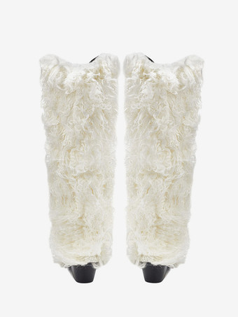 ホワイトニーハイブーツ ポインテッドトゥ フェイクファー チャンキーヒールブーツ レディース