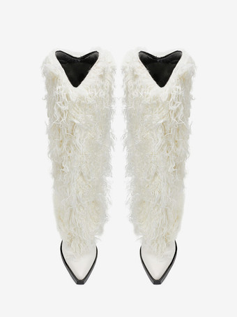 ホワイトニーハイブーツ ポインテッドトゥ フェイクファー チャンキーヒールブーツ レディース