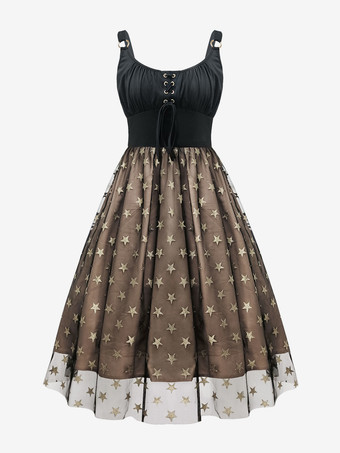ブラウン2025年夏、コルセット風タイとゴールドの星柄プリントが特徴の星空メッシュヴィンテージミディドレス