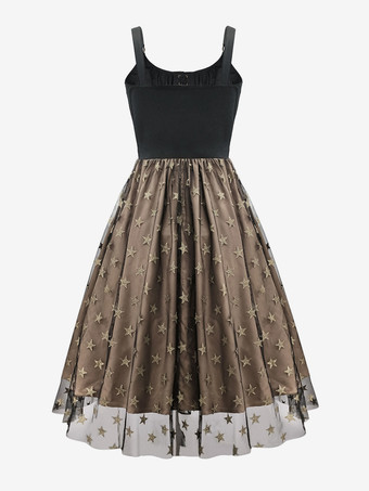 2025年夏、コルセット風タイとゴールドの星柄プリントが特徴の星空メッシュヴィンテージミディドレス