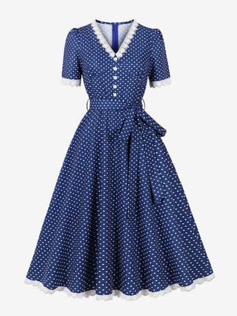 ブルー 2025年夏にぴったりの、Vネックとレーストリムがポイントのヴィンテージ水玉模様のベルト付きミディドレス