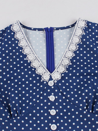 2025年夏にぴったりの、Vネックとレーストリムがポイントのヴィンテージ水玉模様のベルト付きミディドレス