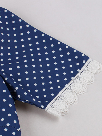 2025年夏にぴったりの、Vネックとレーストリムがポイントのヴィンテージ水玉模様のベルト付きミディドレス