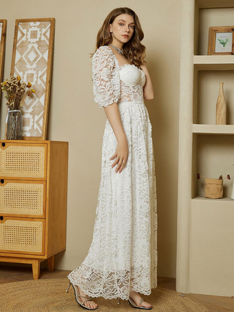 パフスリーブとシースルーウエストのホワイトレースマキシコルセットドレス 2025