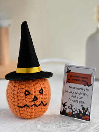 ブラック ハロウィンの手編みカボチャ頭人形卓上装飾（取り外し可能な帽子とギフトカード付き）