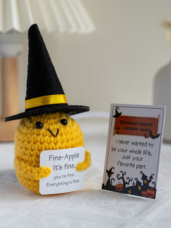 イエローハロウィンの手編みカボチャ頭人形卓上装飾（取り外し可能な帽子とギフトカード付き）