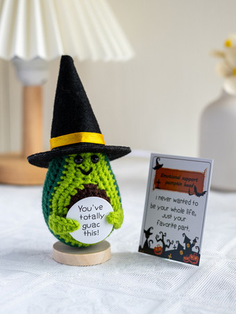 グリーン ハロウィンの手編みカボチャ頭人形卓上装飾（取り外し可能な帽子とギフトカード付き）