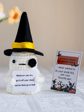 ホワイト ハロウィンの手編みカボチャ頭人形卓上装飾（取り外し可能な帽子とギフトカード付き）