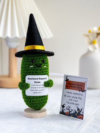 ダークグリーンハロウィンの手編みカボチャ頭人形卓上装飾（取り外し可能な帽子とギフトカード付き）