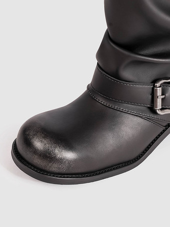 ブラックアンクルブーツ レディース ラウンドトゥ バックルディテール ブーティ