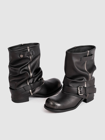 ブラックアンクルブーツ レディース ラウンドトゥ バックルディテール ブーティ