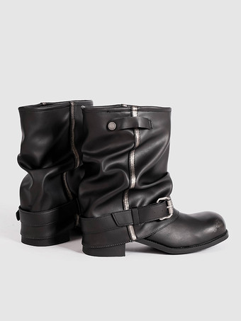 ブラックアンクルブーツ レディース ラウンドトゥ バックルディテール ブーティ