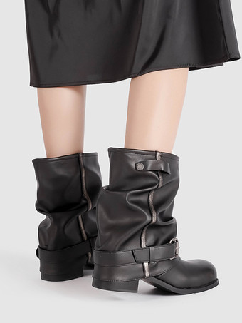 ブラックアンクルブーツ レディース ラウンドトゥ バックルディテール ブーティ