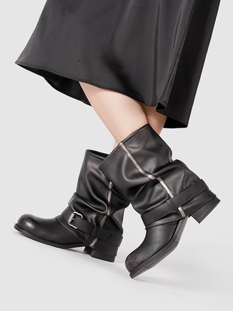 ブラック ブラックアンクルブーツ レディース ラウンドトゥ バックルディテール ブーティ