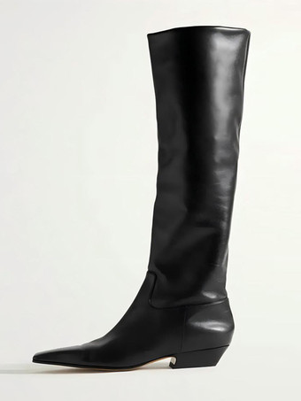 PUブラックレディースニーハイブーツ スクエアトゥ フラットニーレングスブーツ