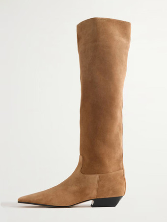 ライトブラウンレディースニーハイブーツ スクエアトゥ フラットニーレングスブーツ