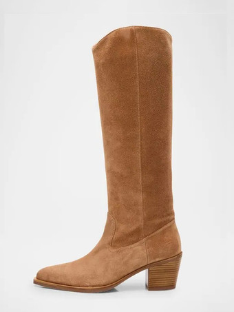 ブラウンスエードフラットブーツ レディース ポインテッドトゥ ニーハイブーツ