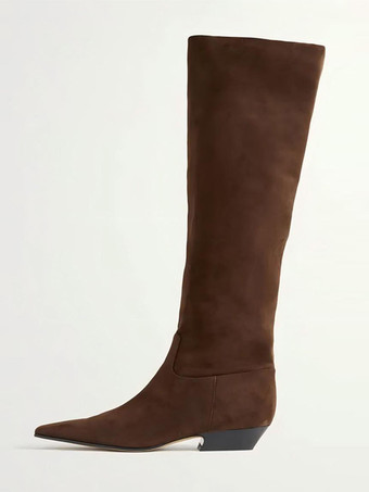 ブラウン レディースニーハイブーツ スクエアトゥ フラットニーレングスブーツ