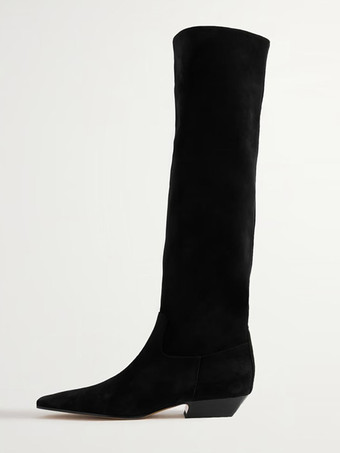 ブラック レディースニーハイブーツ スクエアトゥ フラットニーレングスブーツ