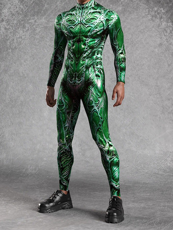 ダークグリーンパターニング全身タイツ ハロウィンプリントボディスーツ 全身コスプレジャンプスーツ テーマパーティー用