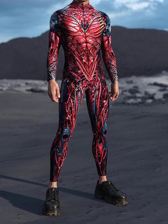 ダークレッドパターニング全身タイツ ハロウィンプリントボディスーツ 全身コスプレジャンプスーツ テーマパーティー用
