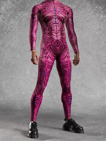 ローズレッドパターニング全身タイツ ハロウィンプリントボディスーツ 全身コスプレジャンプスーツ テーマパーティー用