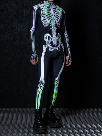 ホワイト パターニング全身タイツ ハロウィンプリントボディスーツ 全身コスプレジャンプスーツ テーマパーティー用