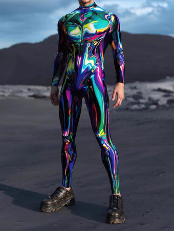 ロイヤパープルパターニング全身タイツ ハロウィンプリントボディスーツ 全身コスプレジャンプスーツ テーマパーティー用