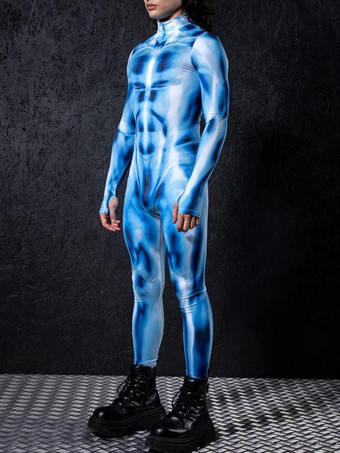 ブルー パターニング全身タイツ ハロウィンプリントボディスーツ 全身コスプレジャンプスーツ テーマパーティー用