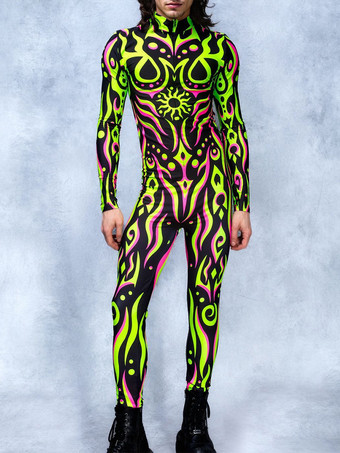 ミントグリーンパターニング全身タイツ ハロウィンプリントボディスーツ 全身コスプレジャンプスーツ テーマパーティー用