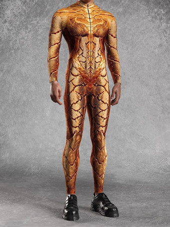 ゴールドパターニング全身タイツ ハロウィンプリントボディスーツ 全身コスプレジャンプスーツ テーマパーティー用