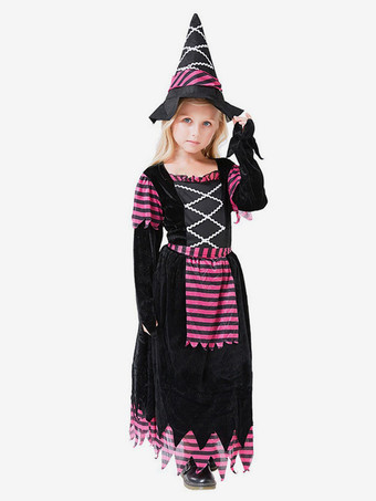 ハロウィン 女の子用 魔女ドレス 紫 ストライプ コスチューム 帽子付き ハロウィン コスプレ 子供用