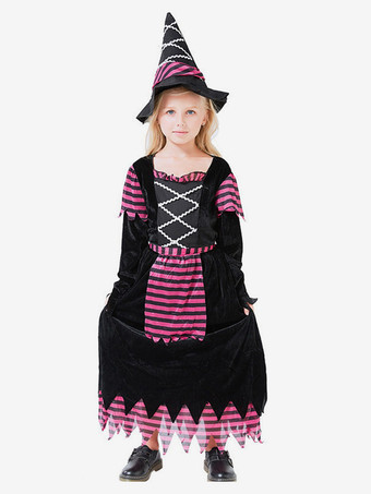 ハロウィン 女の子用 魔女ドレス 紫 ストライプ コスチューム 帽子付き ハロウィン コスプレ 子供用