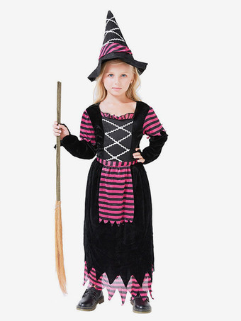 ハロウィン 女の子用 魔女ドレス 紫 ストライプ コスチューム 帽子付き ハロウィン コスプレ 子供用