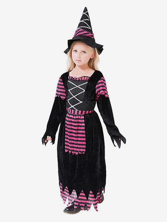 ハロウィン 女の子用 魔女ドレス 紫 ストライプ コスチューム 帽子付き ハロウィン コスプレ 子供用