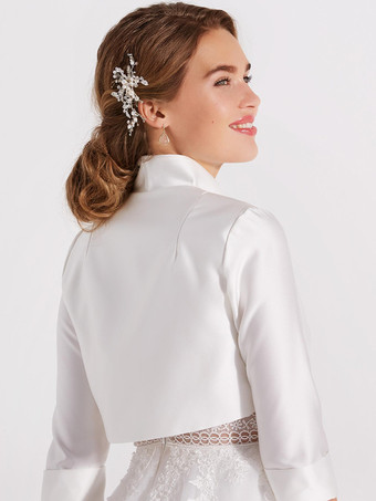 ウェディングラップ ホワイト 7分袖 デザインネックライン トップス サテン生地 ブライダルカバーアップ