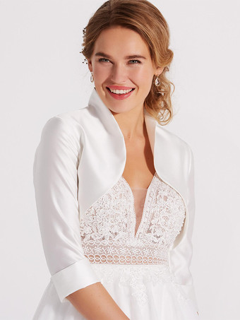 ホワイトウェディングラップ ホワイト 7分袖 デザインネックライン トップス サテン生地 ブライダルカバーアップ