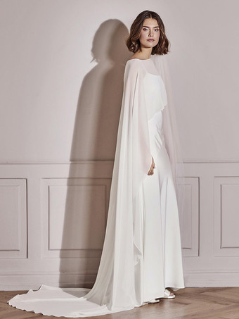 アイボリーウェディングラップ ホワイト ハーフスリーブ デザインネックライン ショール シフォン ブライダルカバーアップ