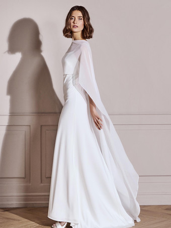 ウェディングラップ ホワイト ハーフスリーブ デザインネックライン ショール シフォン ブライダルカバーアップ