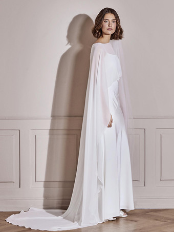 ホワイトウェディングラップ ホワイト ハーフスリーブ デザインネックライン ショール シフォン ブライダルカバーアップ