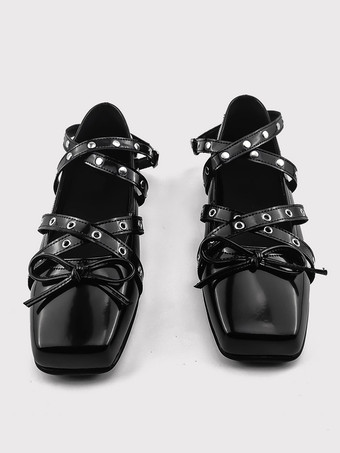 ブラックバレエフラット レディース スクエアトゥ チュクルディテール クリスクロス カジュアルシューズ