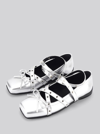 シルバー ブラックバレエフラット レディース スクエアトゥ チュクルディテール クリスクロス カジュアルシューズ