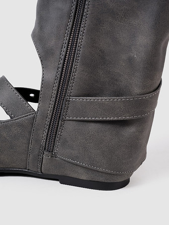 レディースバレエブーツ ラウンドトゥ バックルディテール フラットミッドクラフブーツ